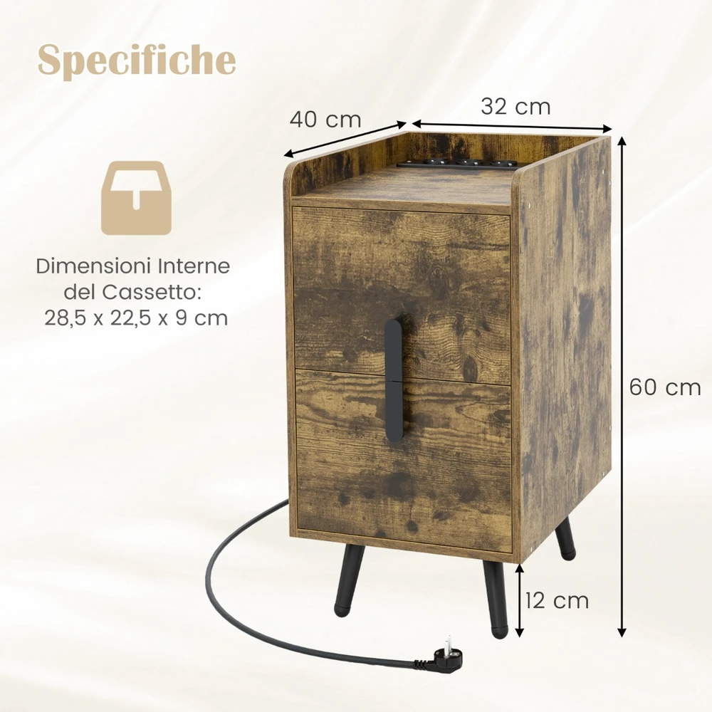 Promotion Naktinis staliukas su įkrovimo stotele, siauras naktinis staliukas su 2 stalčiais ir USB lizdais, 40 x 32 x 60 cm, rustiškos rudos spalvos