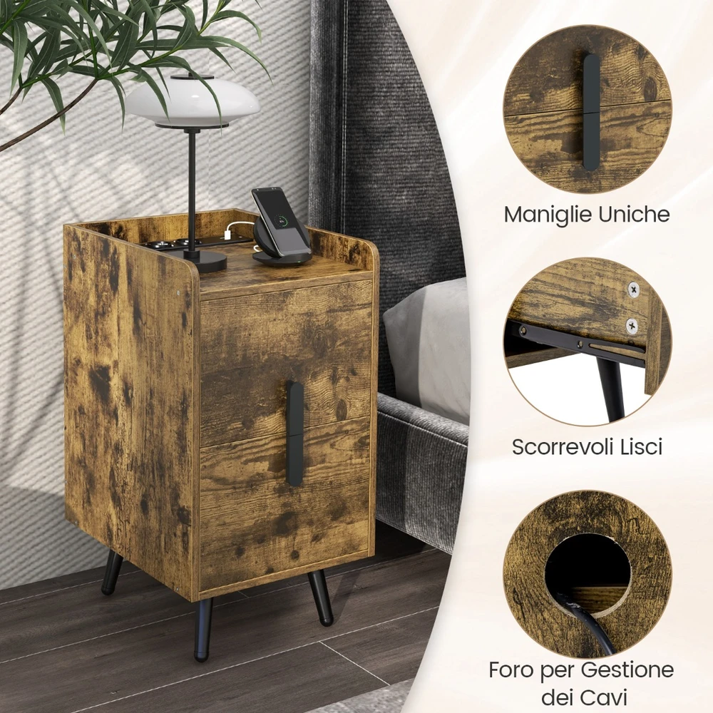 Promotion Naktinis staliukas su įkrovimo stotele, siauras naktinis staliukas su 2 stalčiais ir USB lizdais, 40 x 32 x 60 cm, rustiškos rudos spalvos