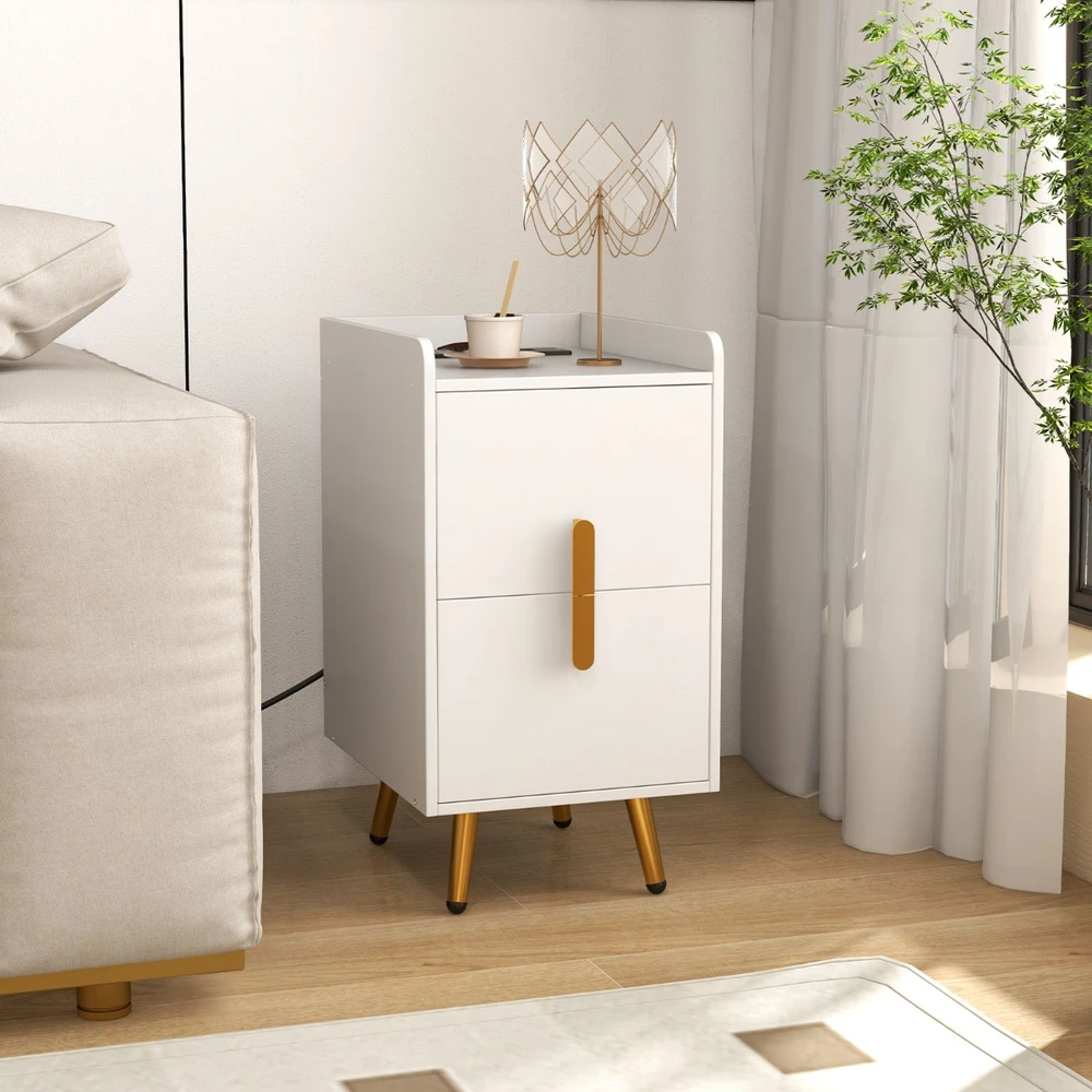 Promotion Naktinis staliukas su įkrovimo stotele, siauras, 2 stalčiai ir USB lizdai, 40x32x60 cm, baltas