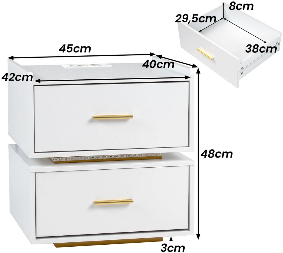 Promotion Naktinis staliukas su LED ir įkrovimo stotele, 2 stalčiai, baltas