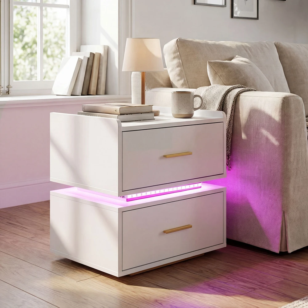 Promotion Naktinis staliukas su LED ir įkrovimo stotele, 2 stalčiai, baltas