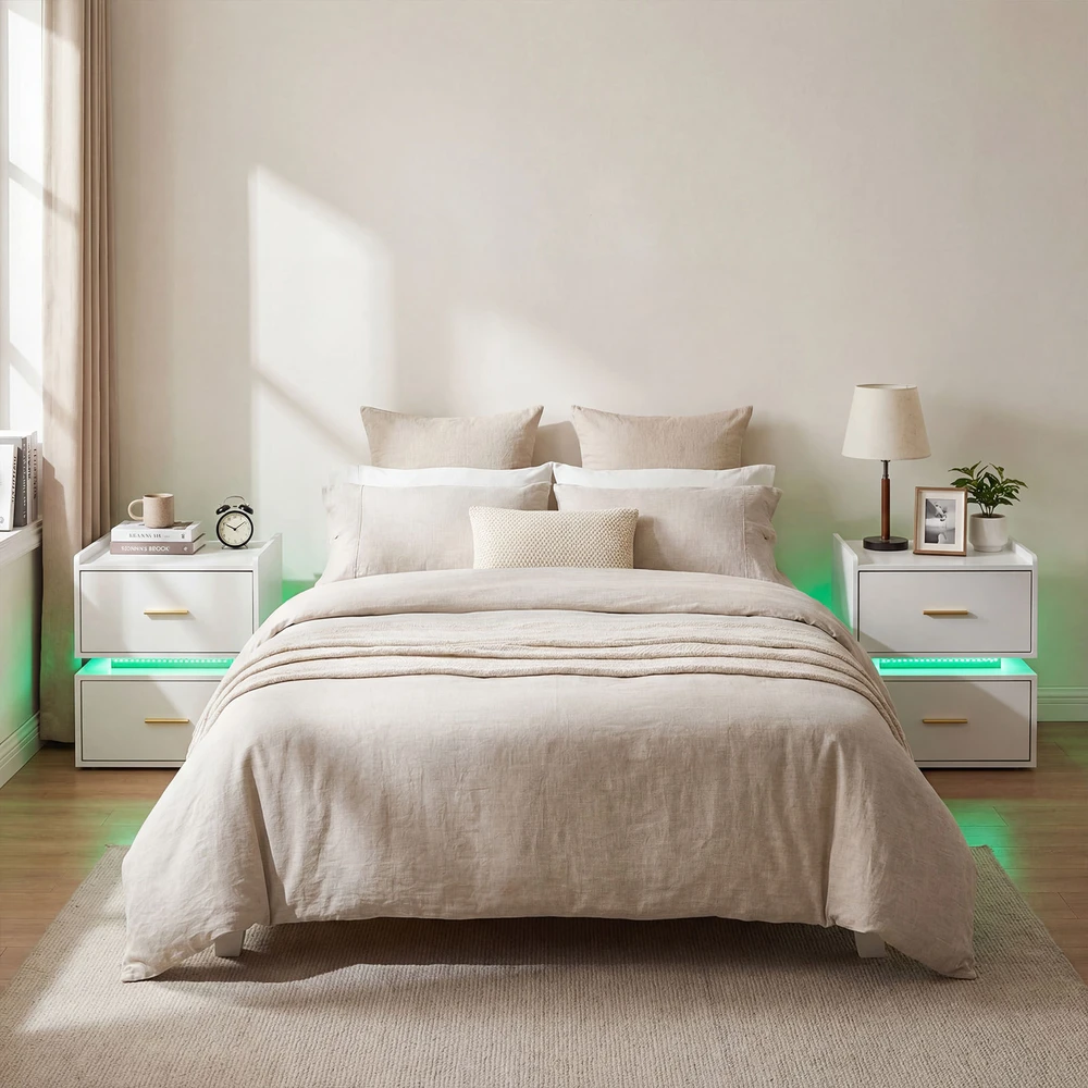 Promotion Naktinis staliukas su LED ir įkrovimo stotele, 2 stalčiai, baltas