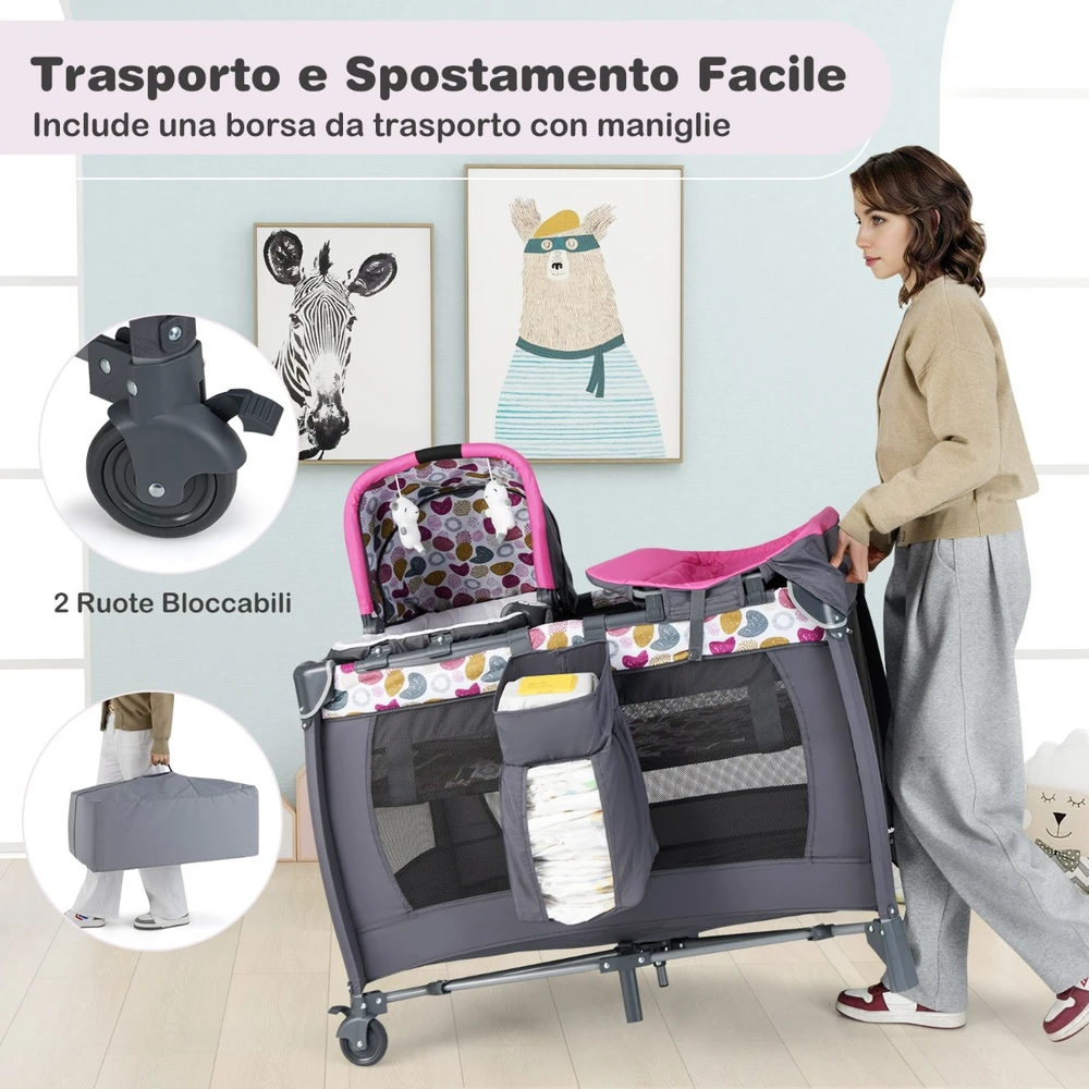 Promotion Nešiojama kūdikių žaidimų aikštelė su supamu lopšiu ir keičiamu stalu, tamsiai rožinė