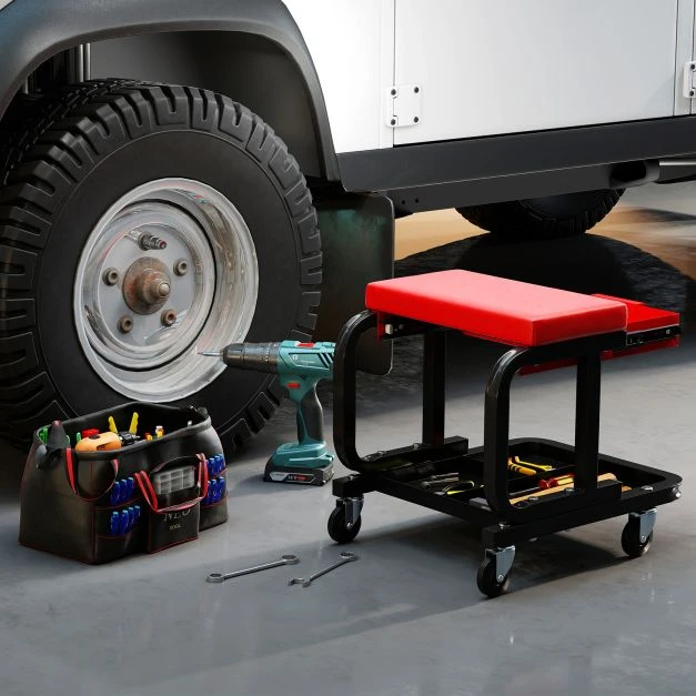 Promotion Pamuštas Mechaniko Kėdė su Stalčiumi ir Ratukais Raudona