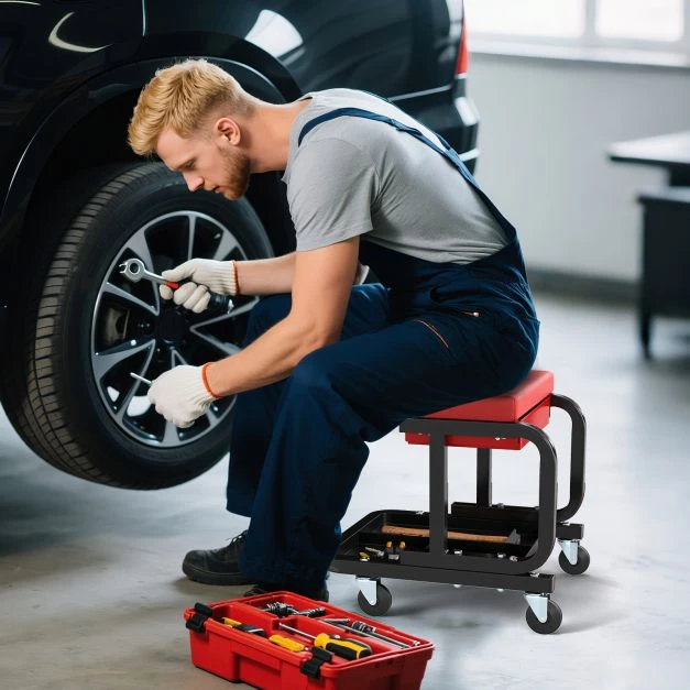 Promotion Pamuštas Mechaniko Kėdė su Stalčiumi ir Ratukais Raudona