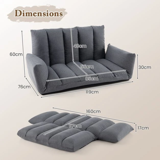 Promotion Sulankstoma grindų sofa su 5 pozicijų atlošu pilka