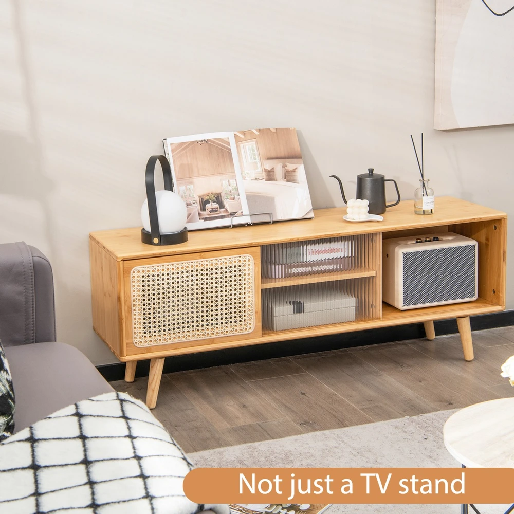 Promotion TV staliukas su rotango stiklinėmis slankiojančiomis durimis natūralus