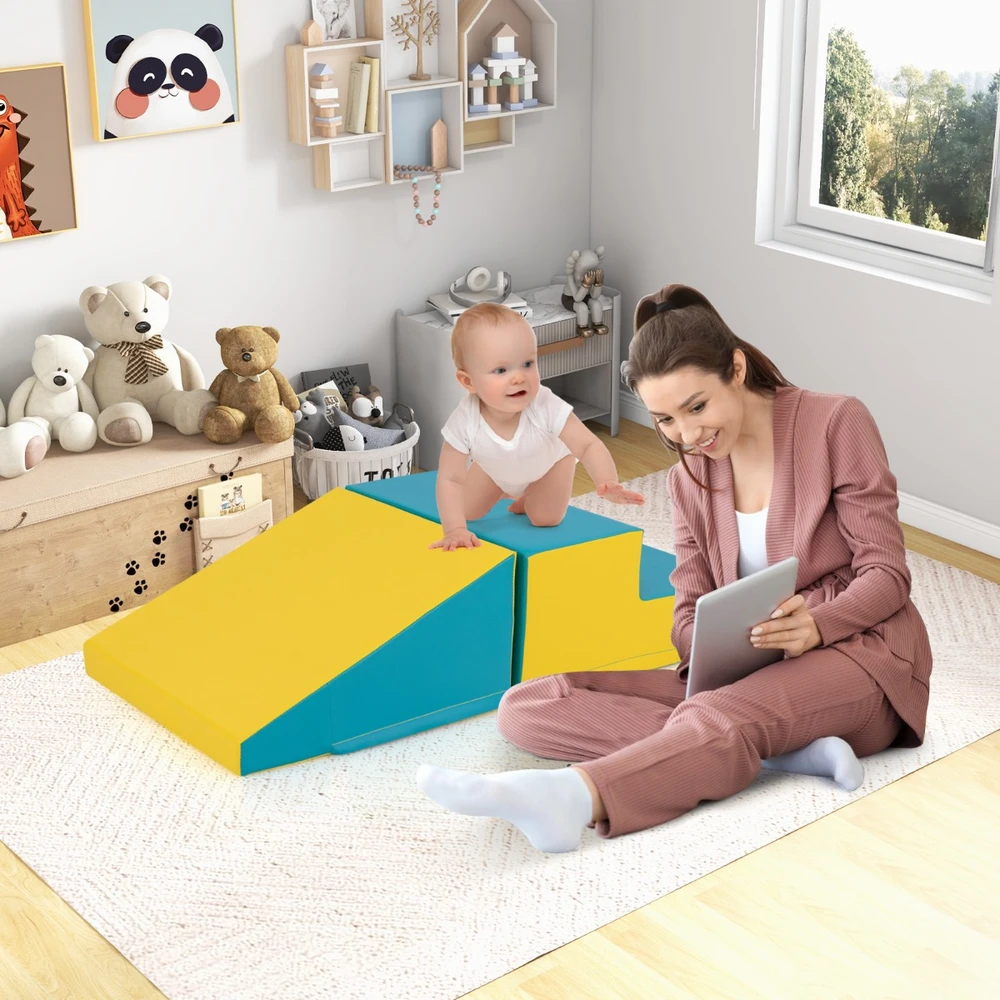 Promotion Vaikiškas minkštas žaidimų rinkinys su laiptais ir čiuožykla 100x50x25 cm žaliai geltonas