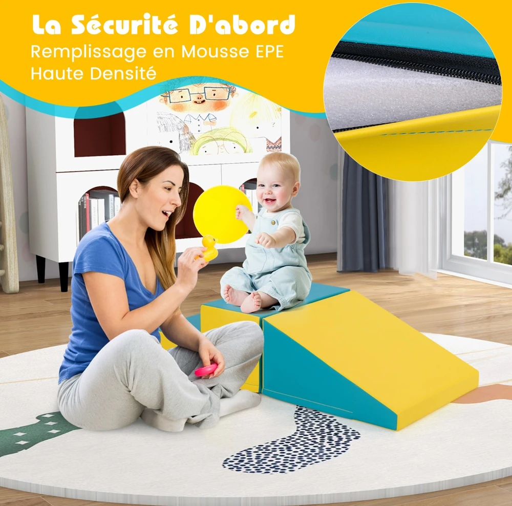 Promotion Vaikiškas minkštas žaidimų rinkinys su laiptais ir čiuožykla 100x50x25 cm žaliai geltonas