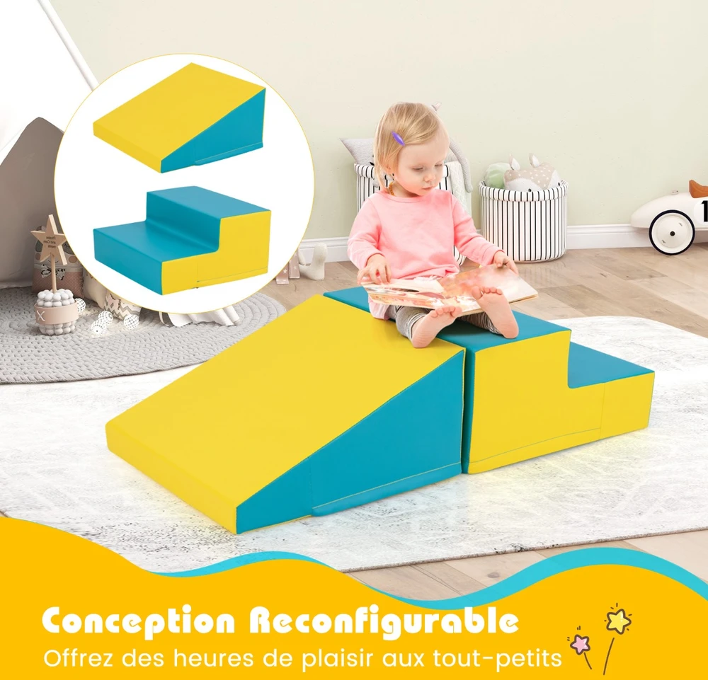 Promotion Vaikiškas minkštas žaidimų rinkinys su laiptais ir čiuožykla 100x50x25 cm žaliai geltonas