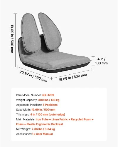 Fotelis VEVOR Grindų kėdė QX-1709, sulankstoma, 5 padėčių, pilka, 96 x 50 x 10 cm
