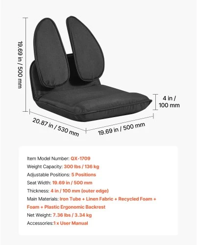 Fotelis VEVOR Grindų kėdė QX-1709, 5 padėtys, sulankstoma, juoda, 96 x 50 x 13 cm