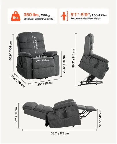 Fotelis VEVOR Elektrinis liftinis recliner krėslas, tamsiai pilkas, 89 x 98 x 104 cm