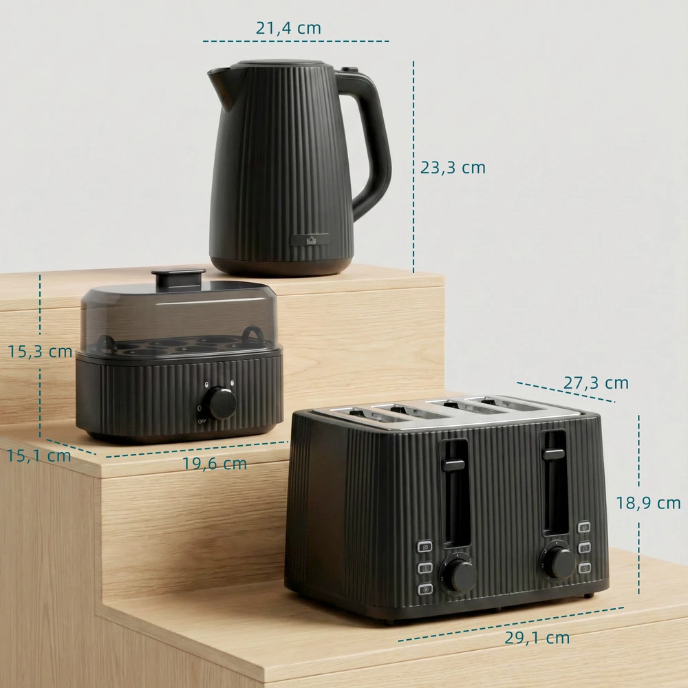 Gruzdintuvė Aosom Virtuvės prietaisų rinkinys: 1,7 l greito virimo virdulys, 4 skrebučių skrudintuvas ir kiaušinių viryklė 6 kiaušiniams, juodas