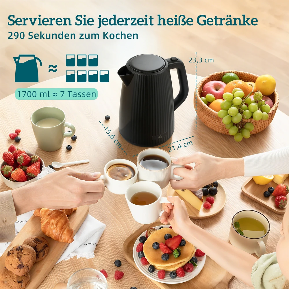 Gruzdintuvė Aosom Virtuvės prietaisų rinkinys: 1,7 l greito virimo virdulys, 4 skrebučių skrudintuvas ir kiaušinių viryklė 6 kiaušiniams, juodas