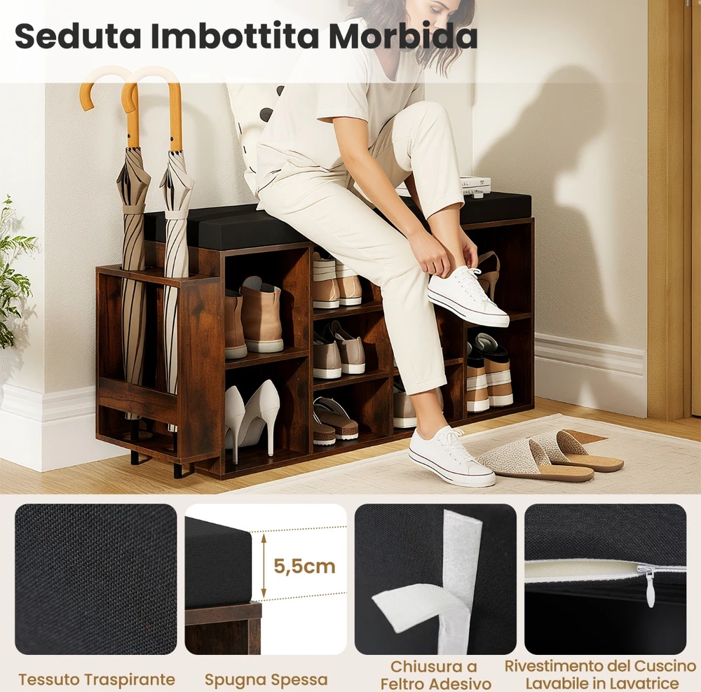 Promotion 10 skyrių batų suoliukas su pagalvėle, rudas su skėčių laikikliu
