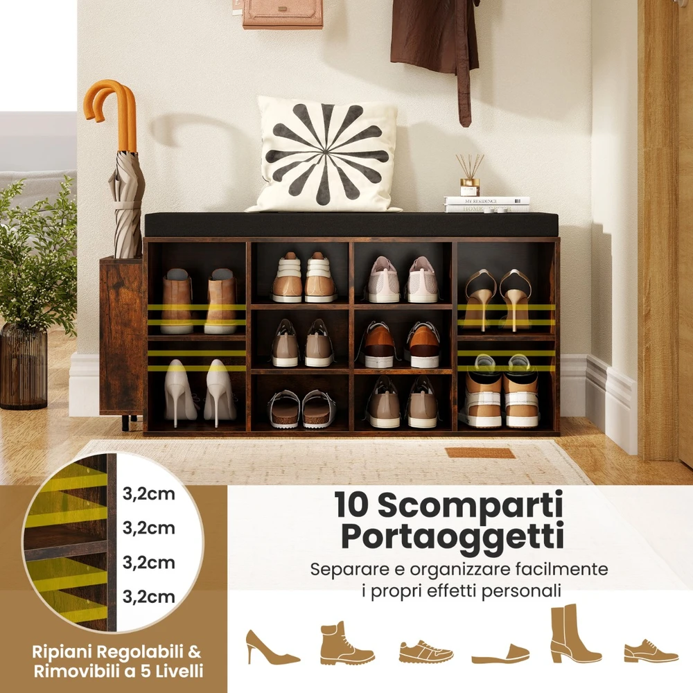 Promotion 10 skyrių batų suoliukas su pagalvėle, rudas su skėčių laikikliu