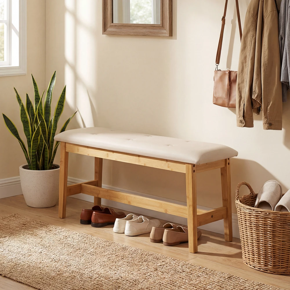 Promotion 100 cm apmuštas suoliukas su paminkštinta sėdyne, PU oda, natūralus
