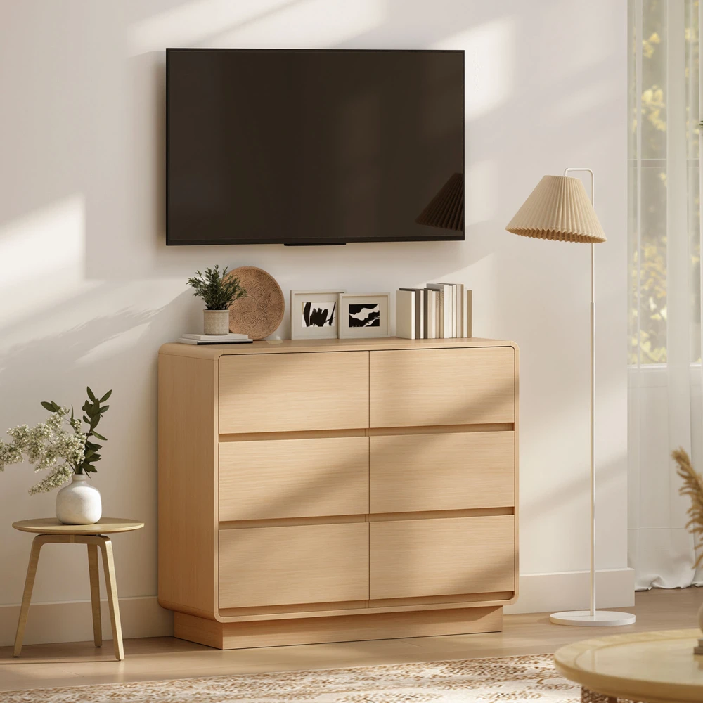 Aosom 100 cm komoda, bufeto spintelė su 6 stalčiais, virtuvei, svetainei, valgomajam, natūrali mediena