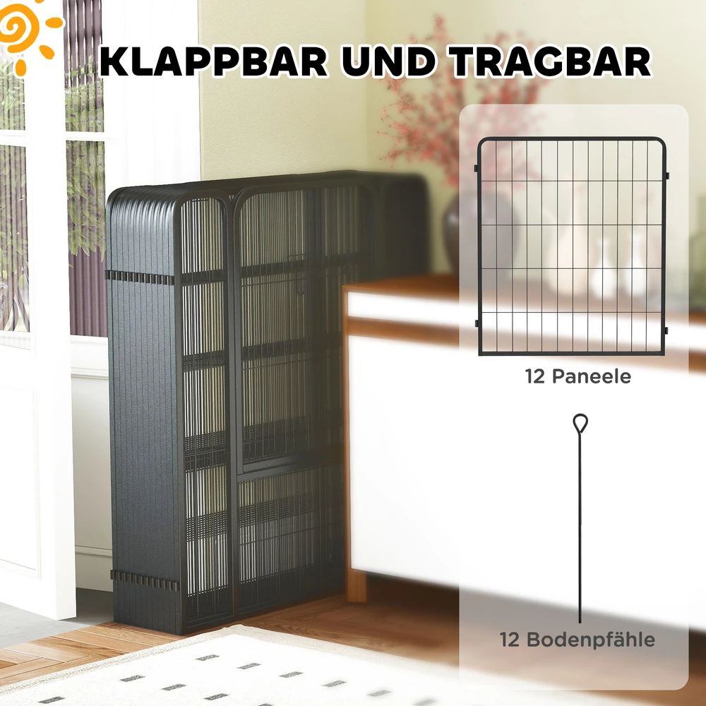 Aosom 12 dalių šuniukų aptvaras, 12 panelių, durys, žemės kuoliukai, lankstomas, juodas, 100 cm aukščio