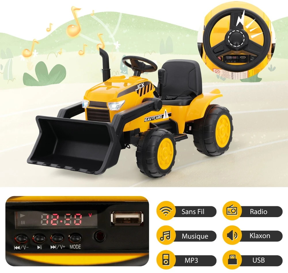 Promotion 12V Vaikių ekskavatorius su reguliuojamu kaušu geltonas