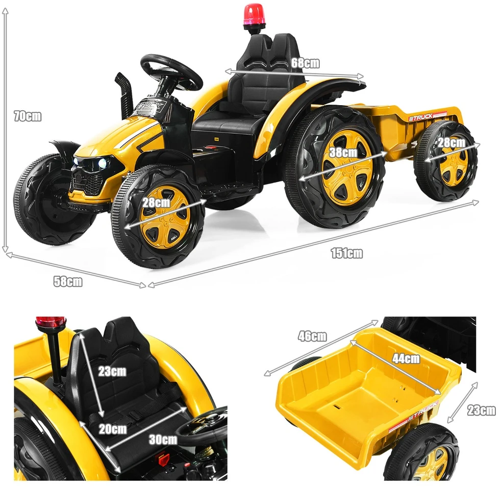 Promotion 12V vaikų elektrinis traktorius su priekaba geltonas