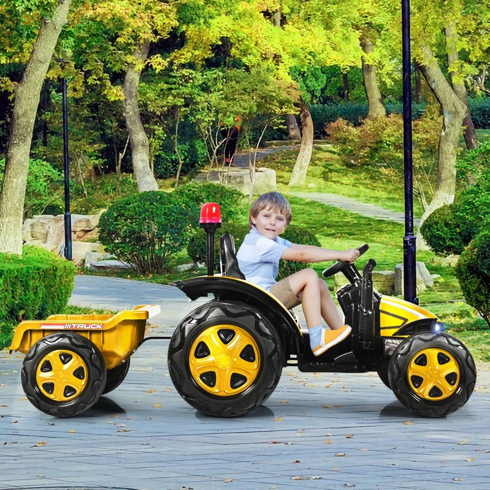 Promotion 12V vaikų elektrinis traktorius su priekaba geltonas