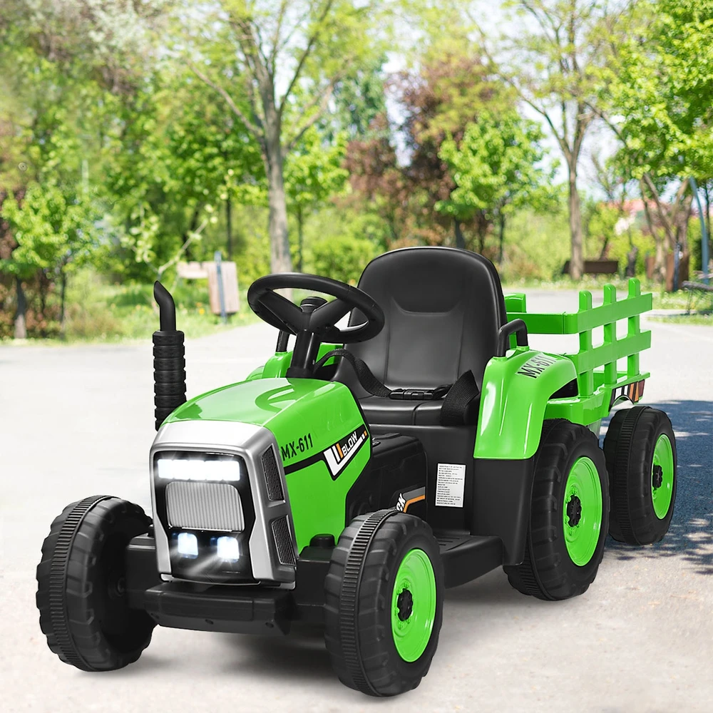 Promotion 12V vaikų traktorius su 3 pavaromis ir žalia priekaba