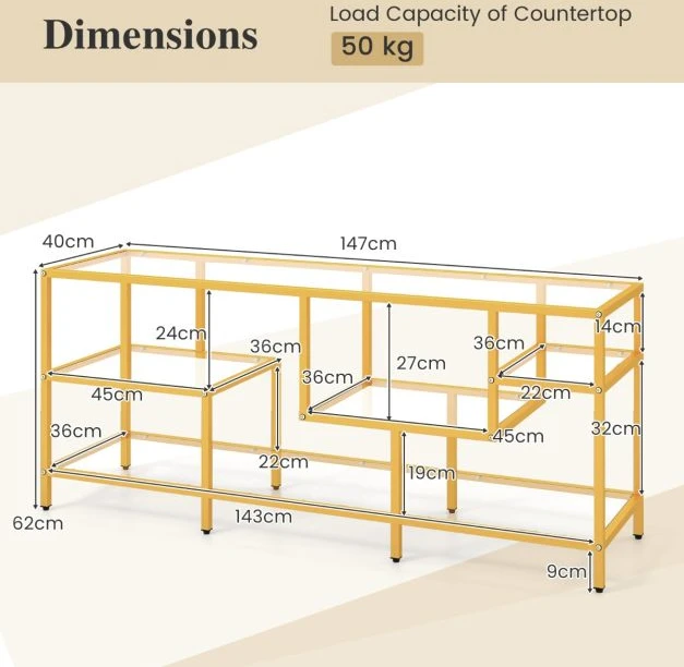 Promotion 147 cm TV staliukas su metaliniu rėmu ir stiklo lentynomis, auksinis