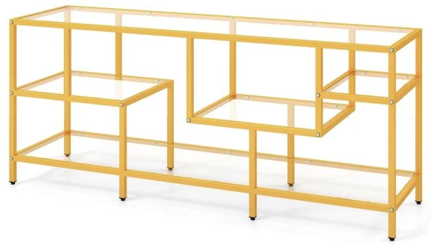 Promotion 147 cm TV staliukas su metaliniu rėmu ir stiklo lentynomis, auksinis