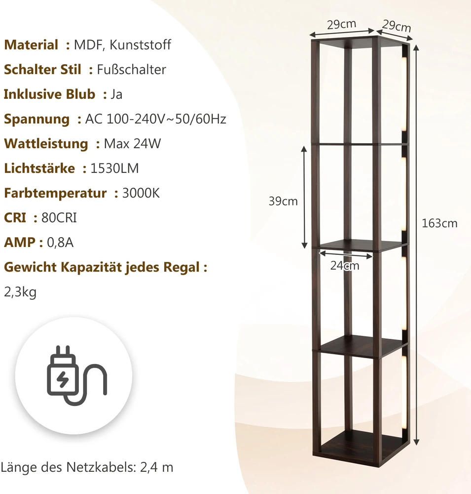 Promotion 163 cm LED grindų šviestuvas su lentynomis