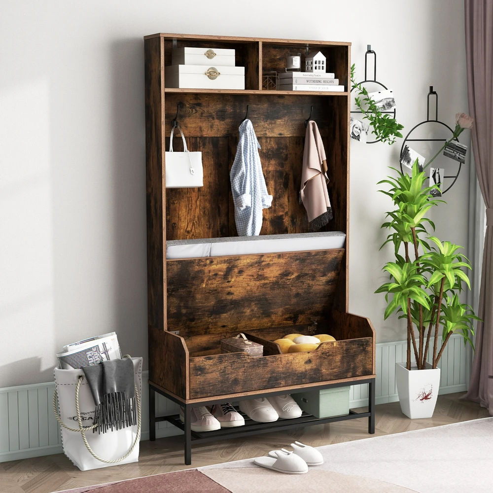 Koduva 170 cm aukštis 4-in-1 rūbinė su sėdimu ir batų laikymu, rusva