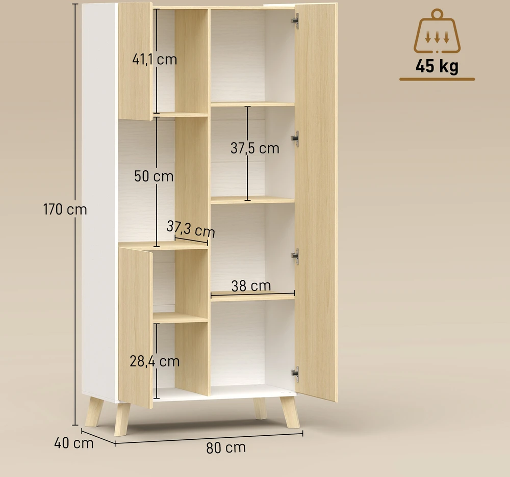 Aosom 170 cm virtuvės spintelė, moderni spintelė su atvira lentyna, reguliuojamos lentynos, natūralaus medžio ir balta