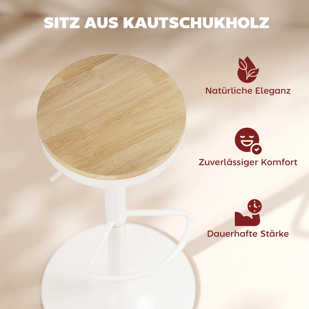 Aosom 2 baro kėdžių rinkinys, reguliuojamas, sukamas 360°, natūralaus medžio+balta, 38,5 x 38,5 x 60-80 cm