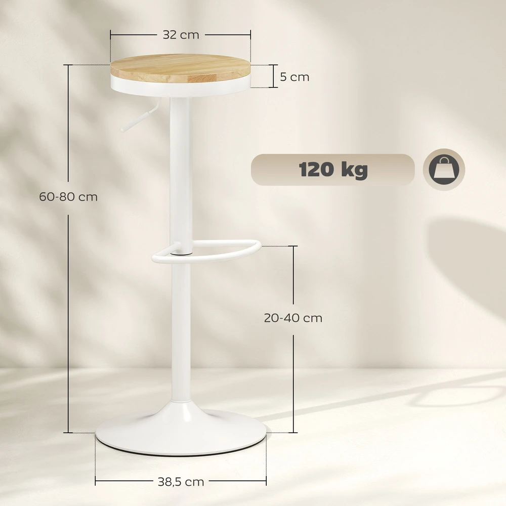 Aosom 2 baro kėdžių rinkinys, reguliuojamas, sukamas 360°, natūralaus medžio+balta, 38,5 x 38,5 x 60-80 cm