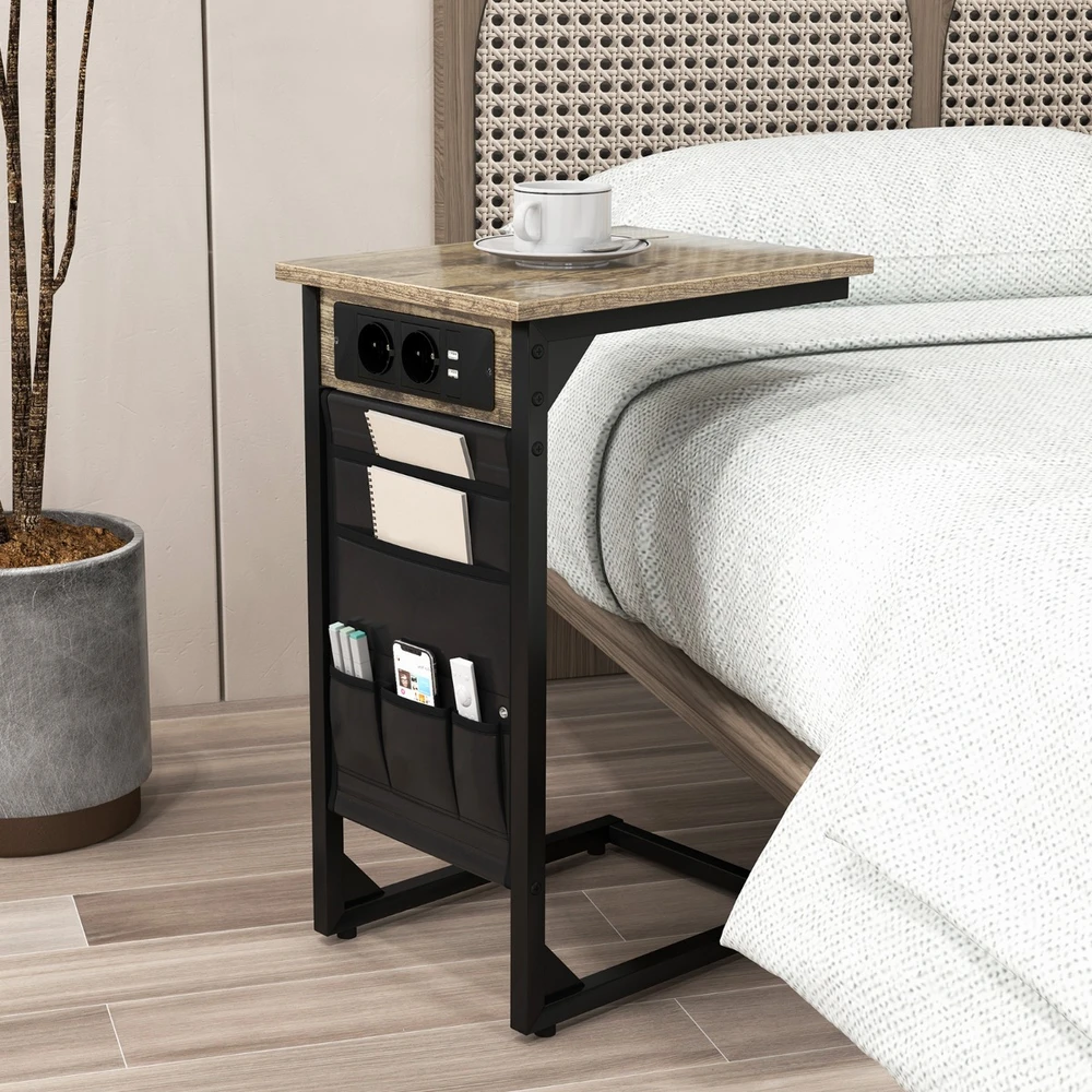 Promotion 2 C formos šoninių staliukų komplektas, Rustic Brown, su įkrovimo stotele ir USB jungtimis
