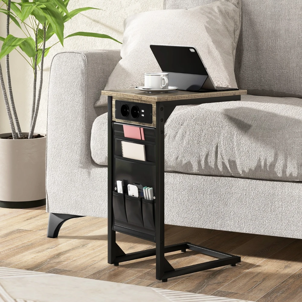 Promotion 2 C formos šoninių staliukų komplektas, Rustic Brown, su įkrovimo stotele ir USB jungtimis