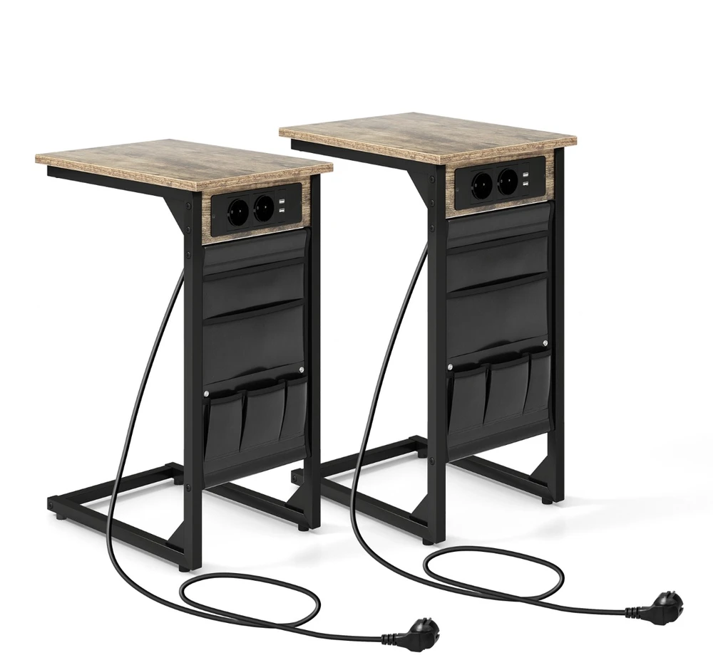 Promotion 2 C formos šoninių staliukų komplektas, Rustic Brown, su įkrovimo stotele ir USB jungtimis
