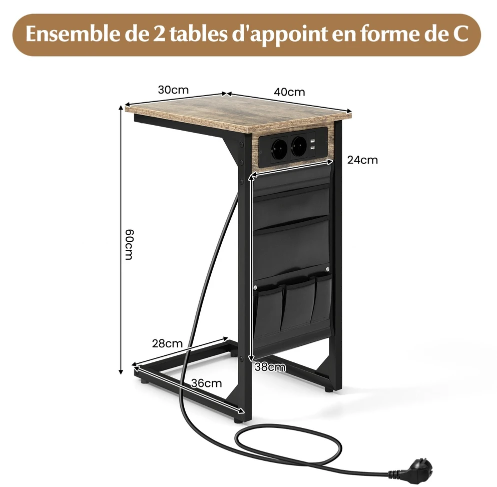 Promotion 2 C formos šoninių staliukų komplektas, Rustic Brown, su įkrovimo stotele ir USB jungtimis