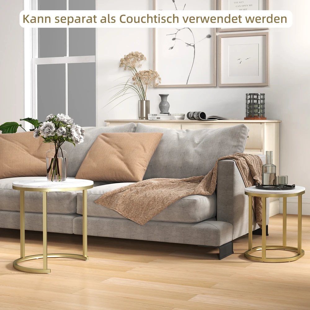 Aosom 2 dalių kavos staliukų komplektas, ovalus ir apvalus, sukraunami, marmuro imitacija, plienas, baltas, Ø50 x 50,5 cm