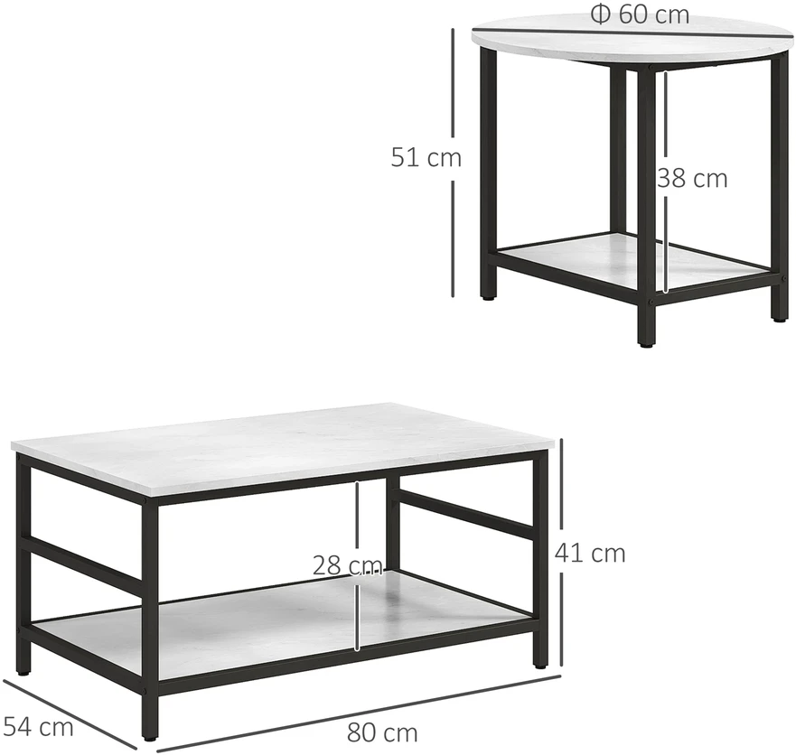 Aosom 2 dalių kavos staliukų rinkinys, marmuro imitacija, reguliuojamos kojelės, plienas, juoda/balta