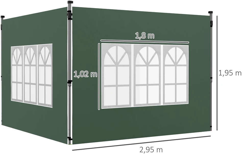 Aosom 2 dalių pavėsinės šoninės sienelės su langais, žalios, tinka 3 x 3 m / 3 x 4 m pavėsinei, 295 x 195 cm