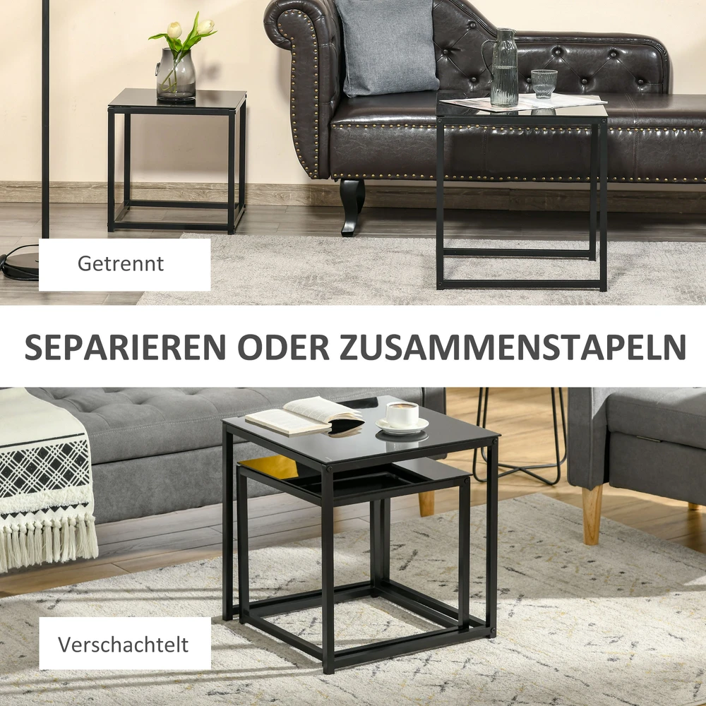 Aosom 2 dalių šoninių staliukų komplektas, modernus dizainas, juodas, grūdintas stiklas