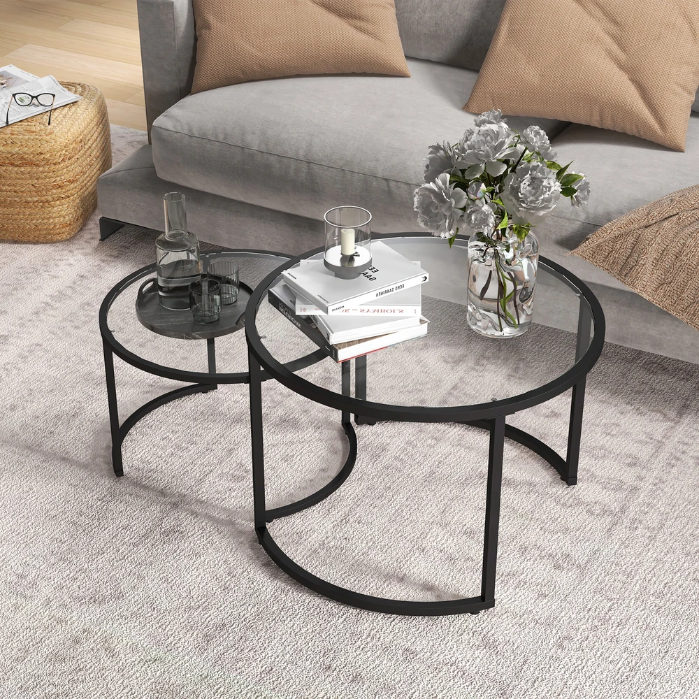 Koduva 2 dalių šoninių staliukų rinkinys, juodas, stiklas, industrinis dizainas, Ø70 / Ø54 cm