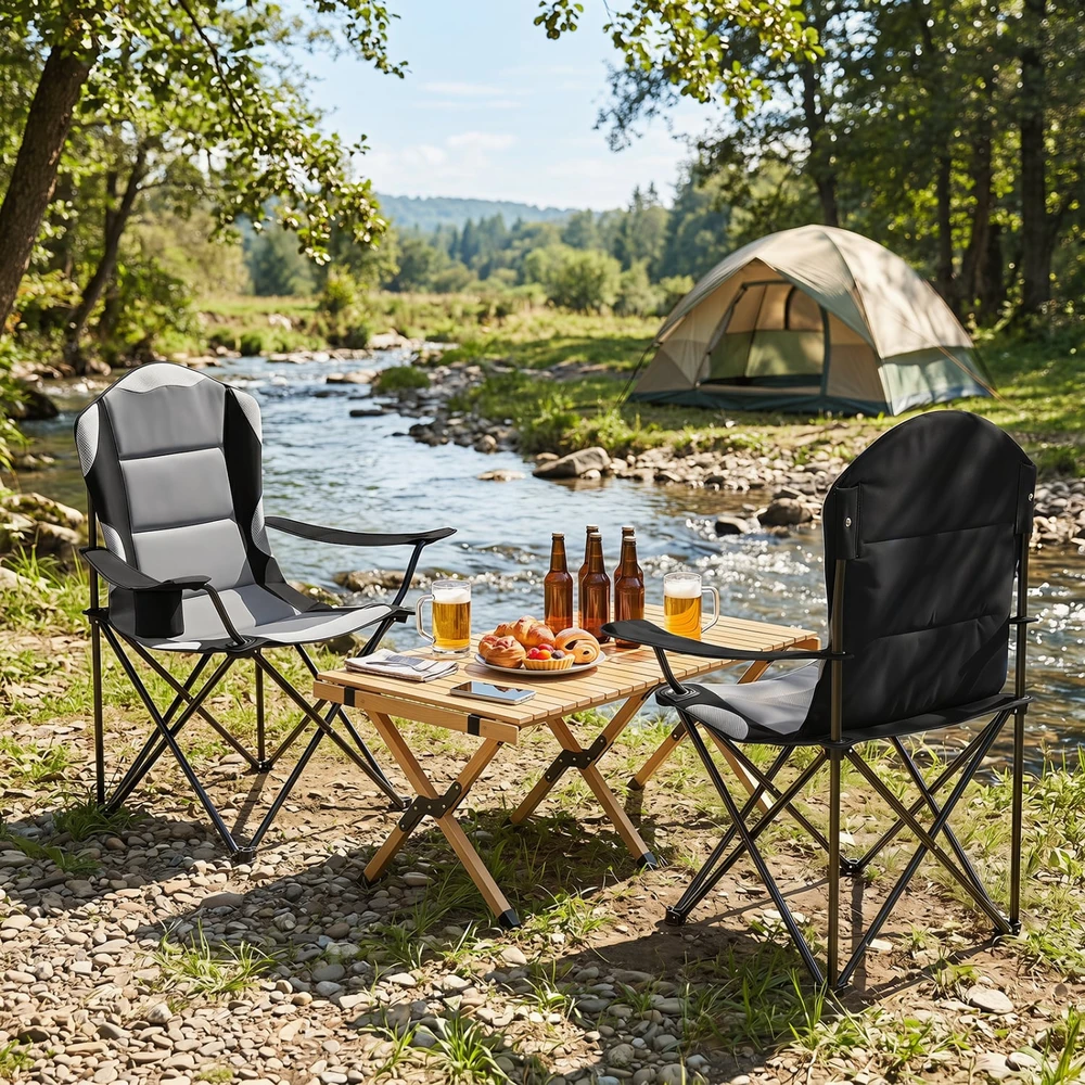 Promotion 2 dalių sulankstomos kempingo kėdės su puodelių laikikliais, juodos