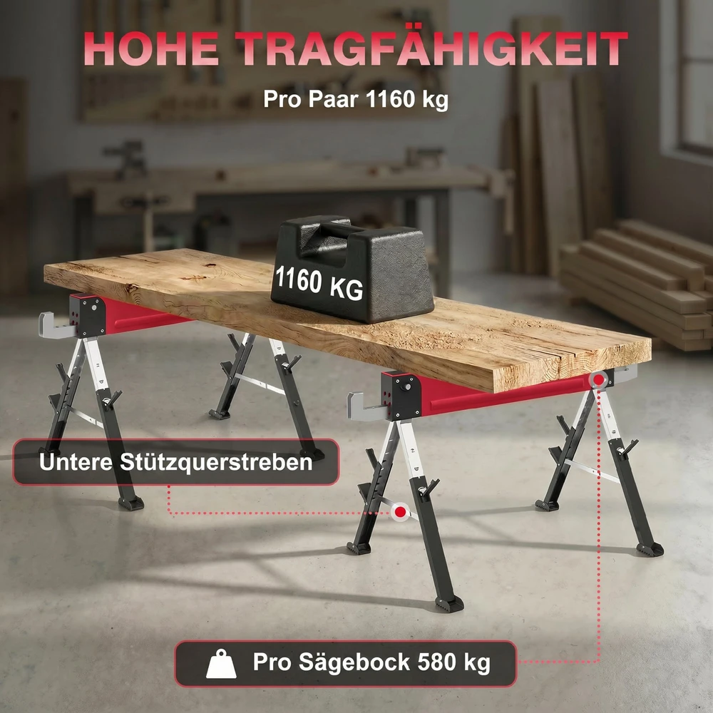 Aosom 2 dalių sulankstomų ožų rinkinys, iki 1160 kg, raudona / juoda, 64–81 cm