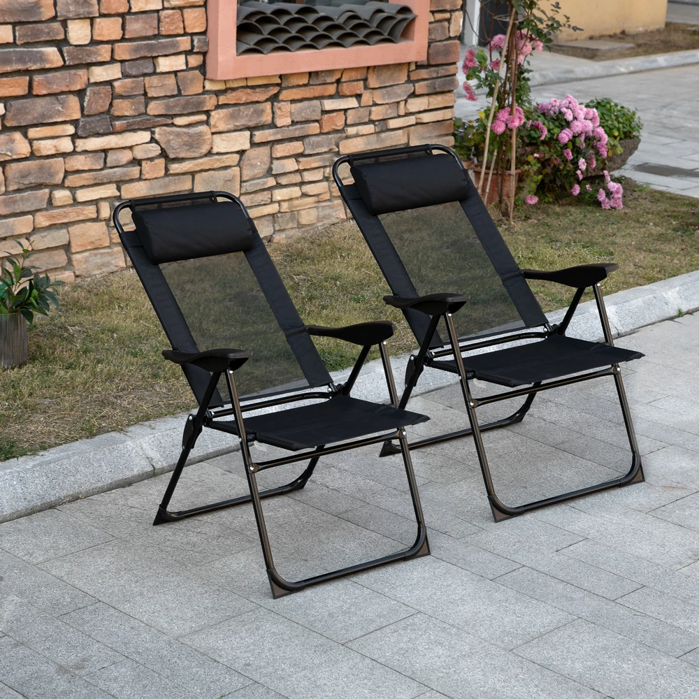 Aosom 2 dalių sulankstomų sodo kėdžių komplektas, juoda, metalinis rėmas, 5 padėčių atlošas