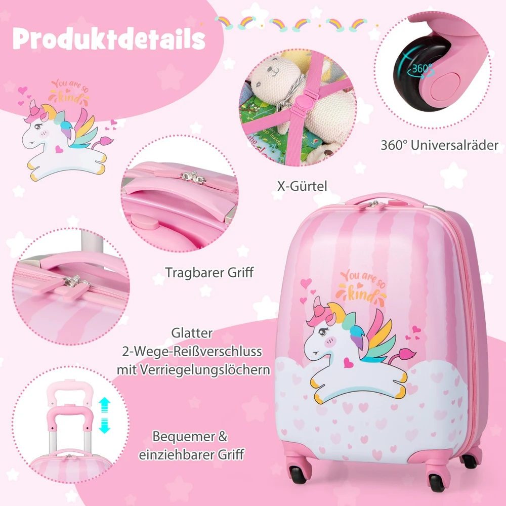 Promotion 2 dalių vaikiškų lagaminų rinkinys vienaragis 16'' lagaminas + 12'' kuprinė rožinė