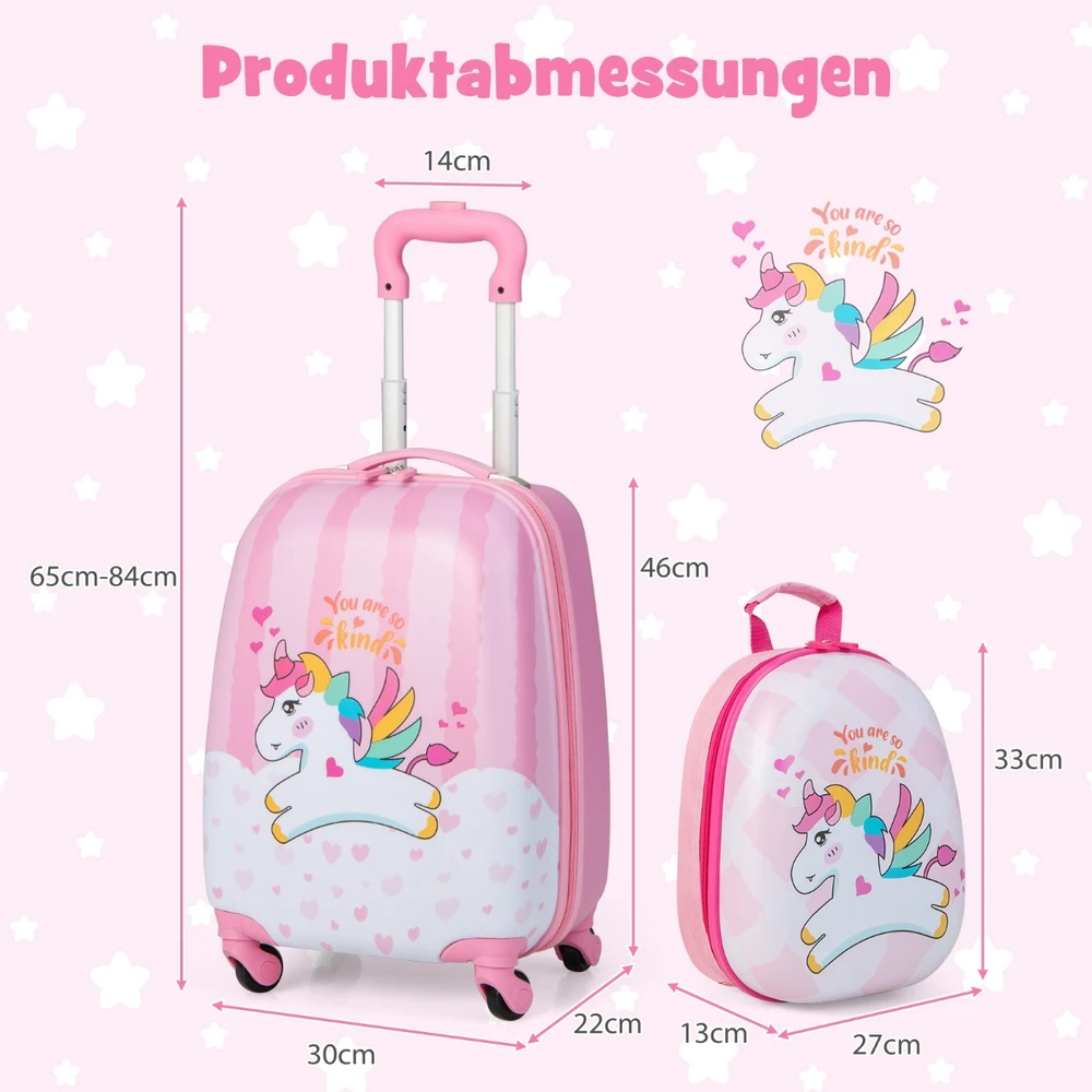 Promotion 2 dalių vaikiškų lagaminų rinkinys vienaragis 16'' lagaminas + 12'' kuprinė rožinė