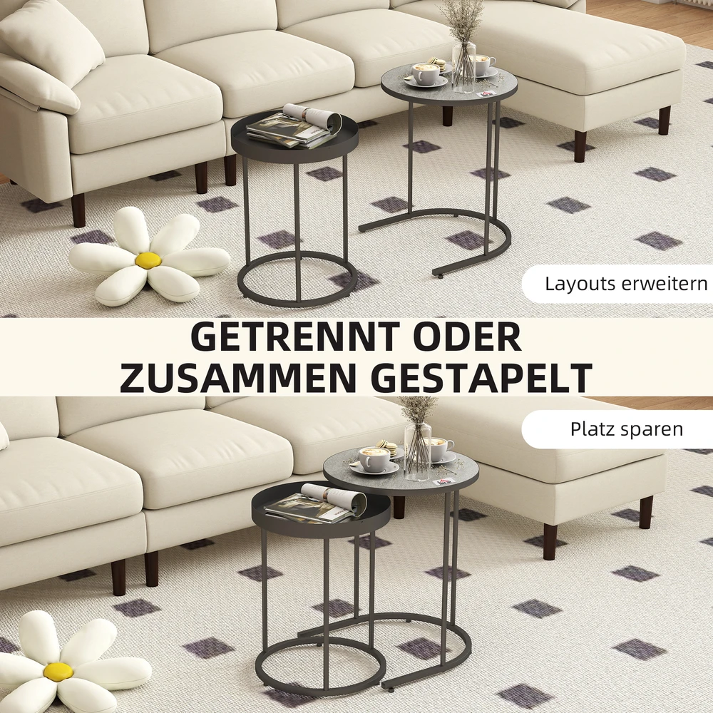 Aosom 2 dalių žurnaliniai staliukai, įsistumiantys vienas į kitą, padėklo dizainas, metalas, pilki